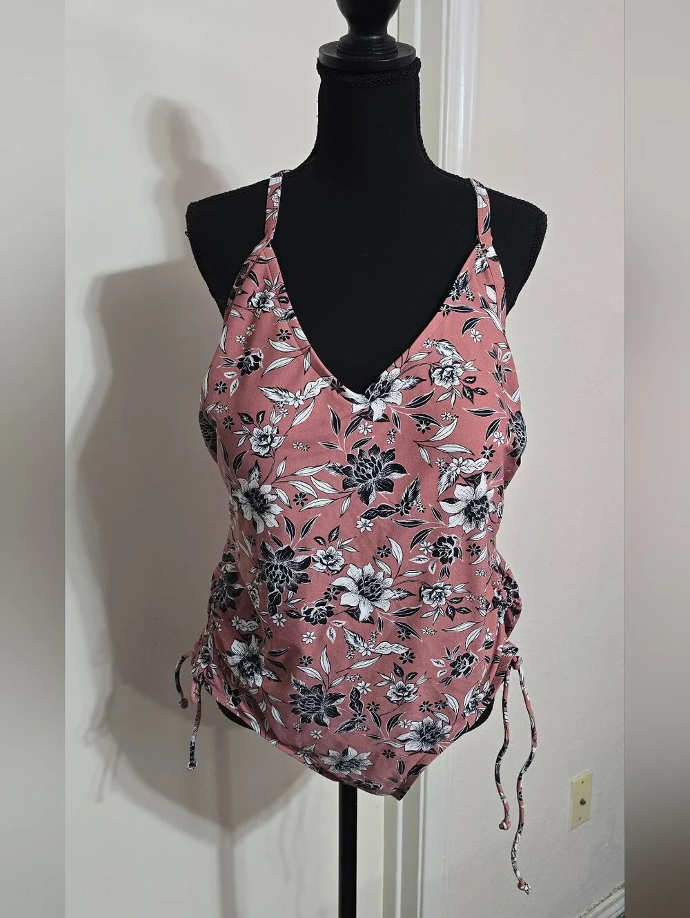 #K50 Pink Floral One-Piece Swimsuit with Side Ties